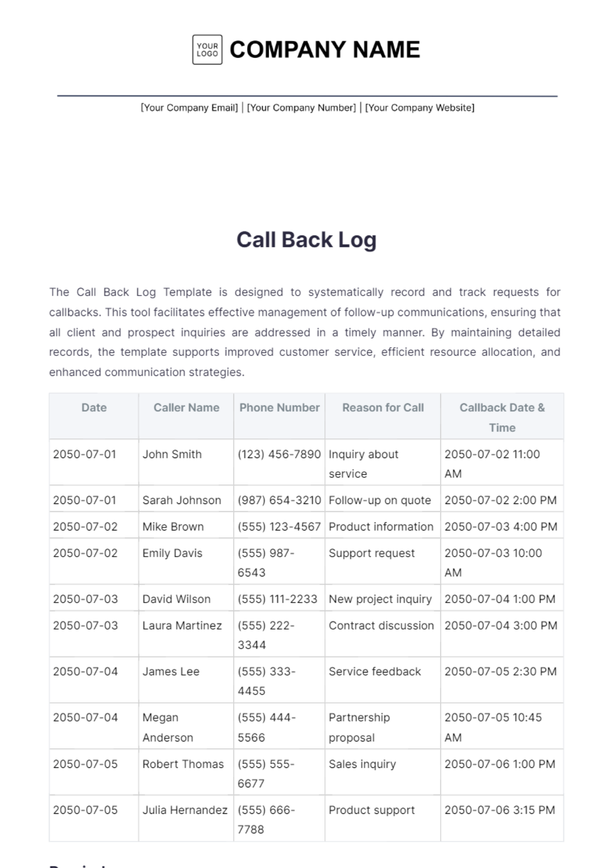 Call Back Log Template - Edit Online & Download