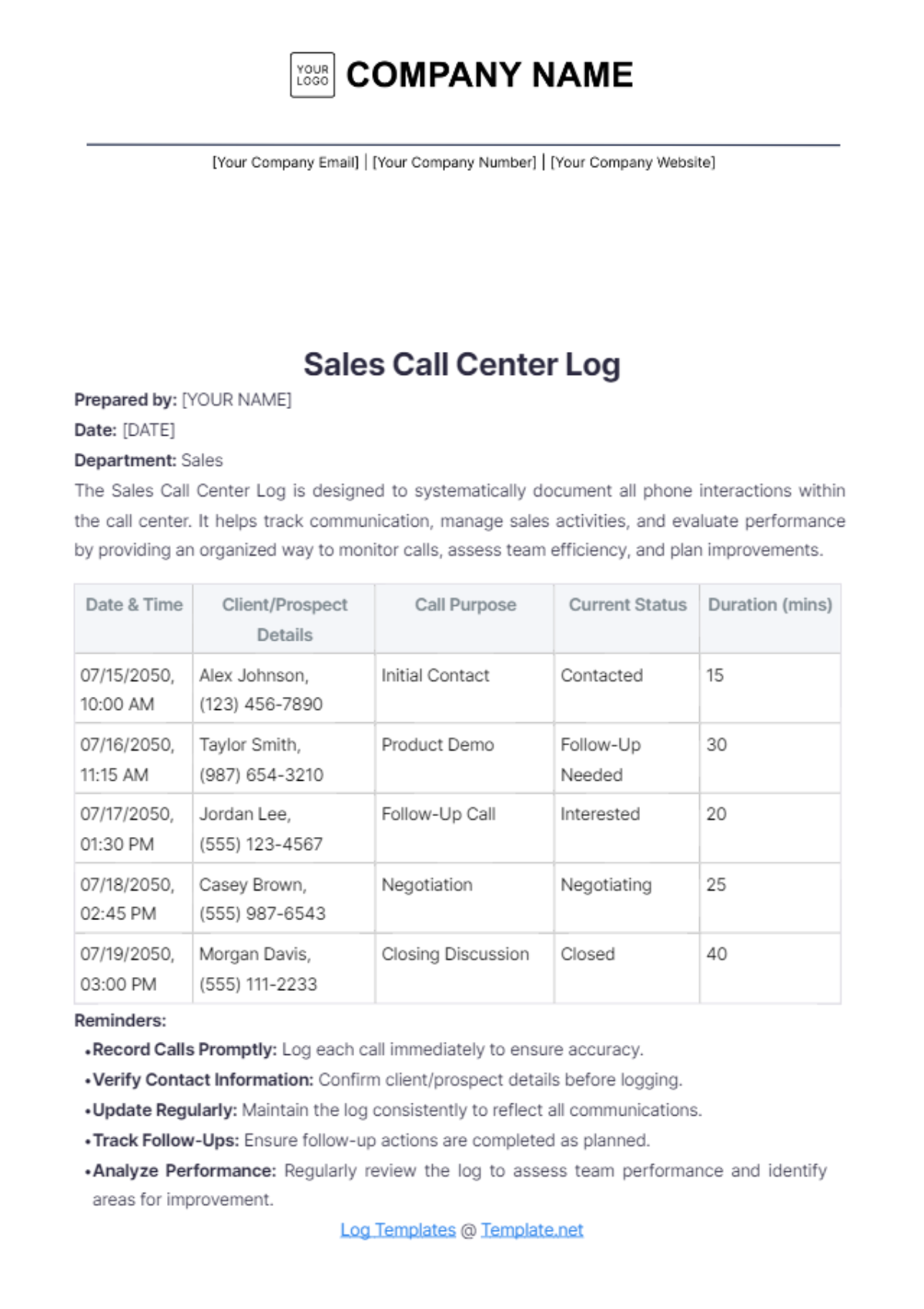 Sales Call Center Log Template - Edit Online & Download