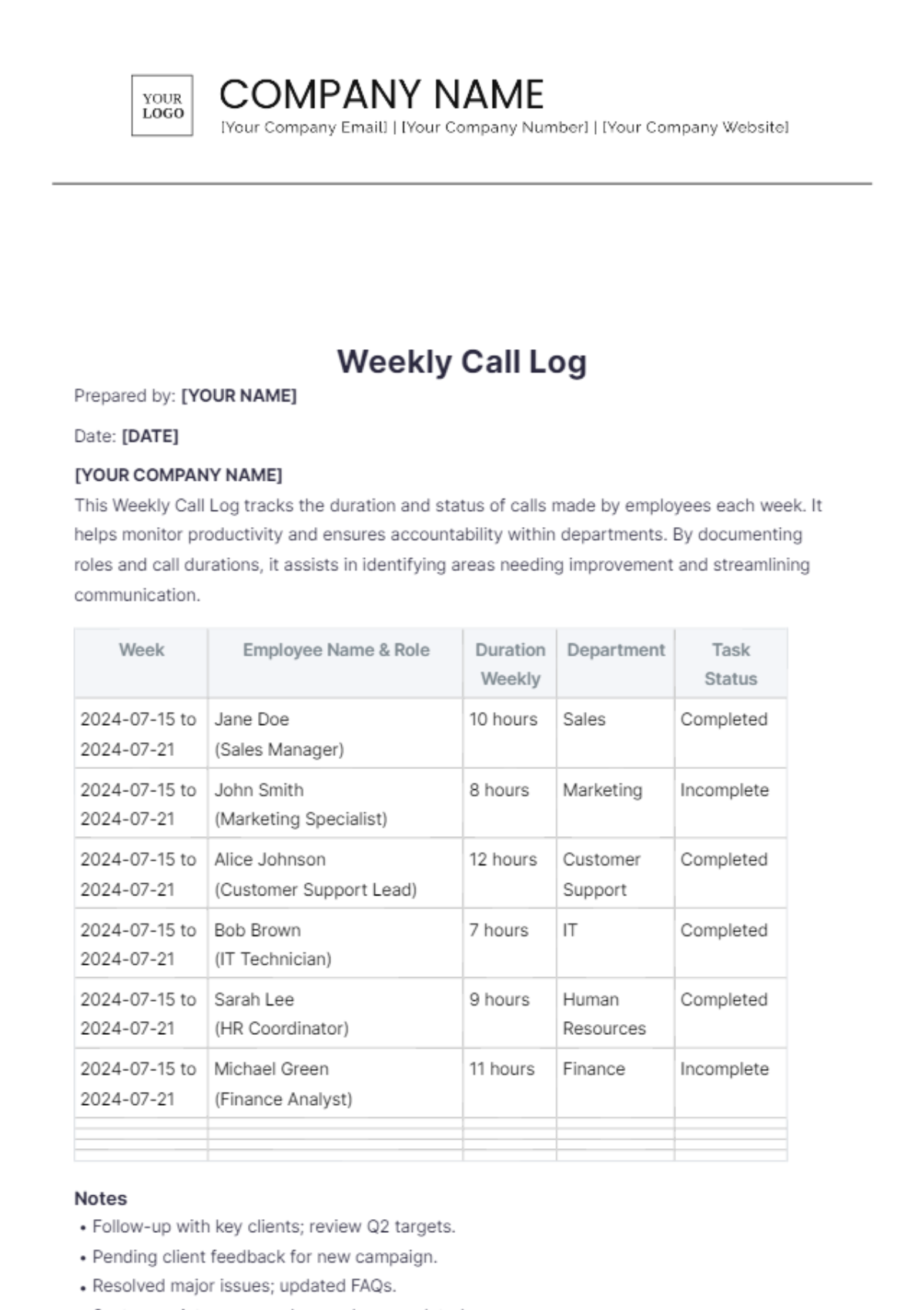 Weekly Call Log Template - Edit Online & Download