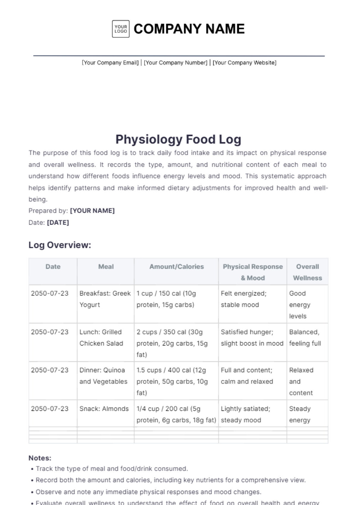 Physiology Food Log Template - Edit Online & Download