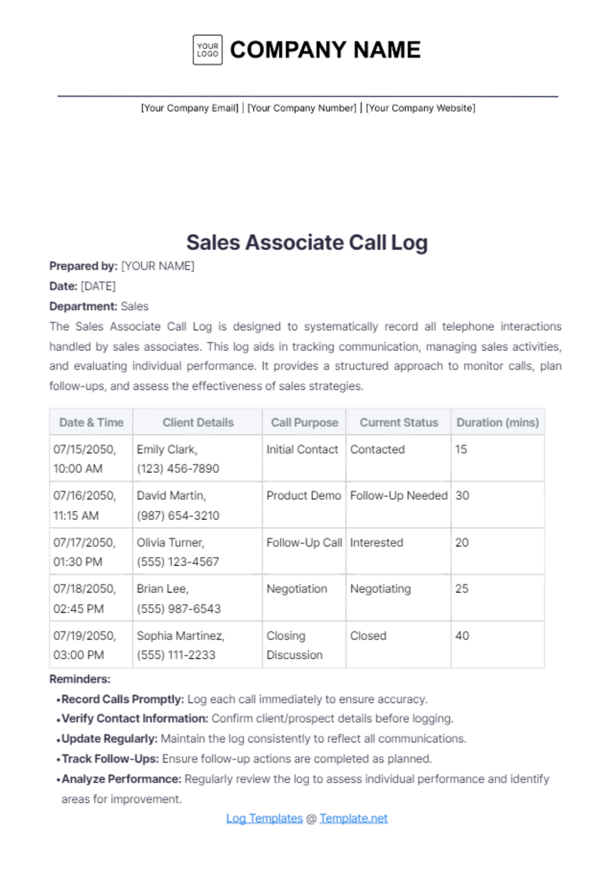 Sales Associate Call Log Template - Edit Online & Download