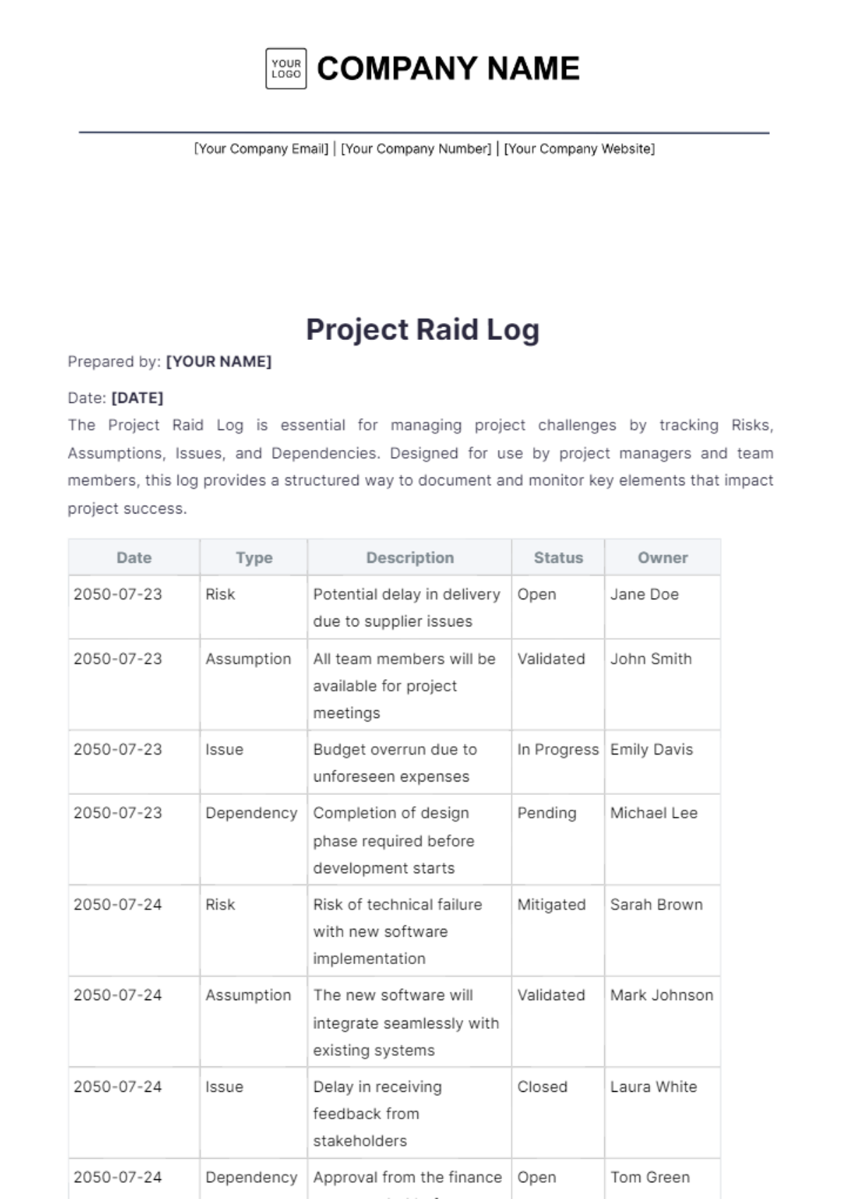 Project Raid Log Template - Edit Online & Download