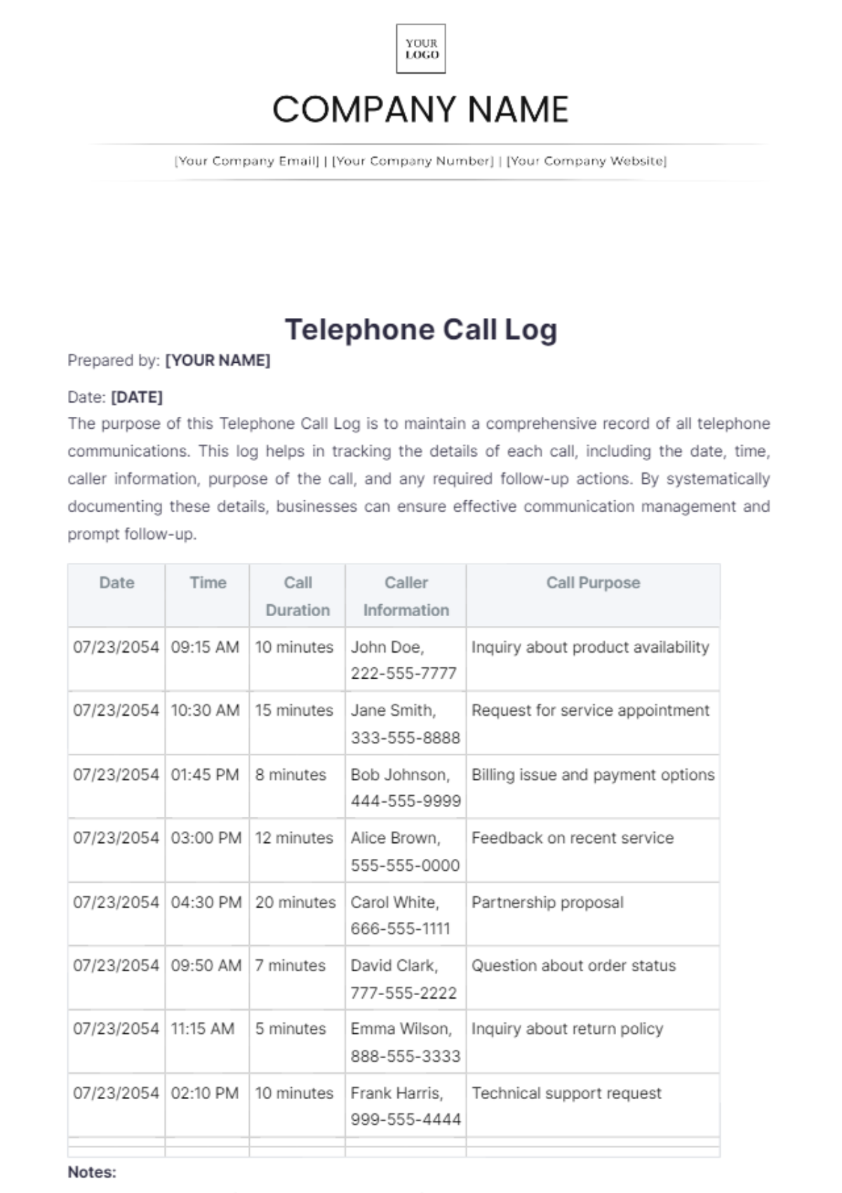 Telephone Call Log Template - Edit Online & Download