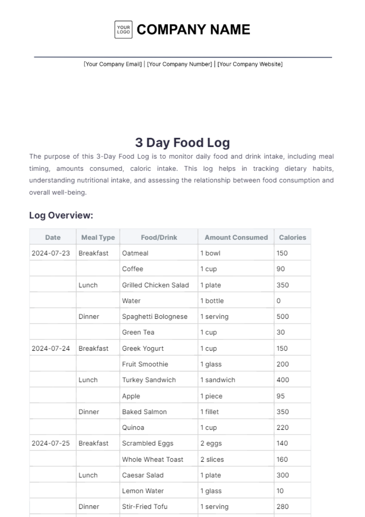 Free 3 Day Food Log Template to Edit Online