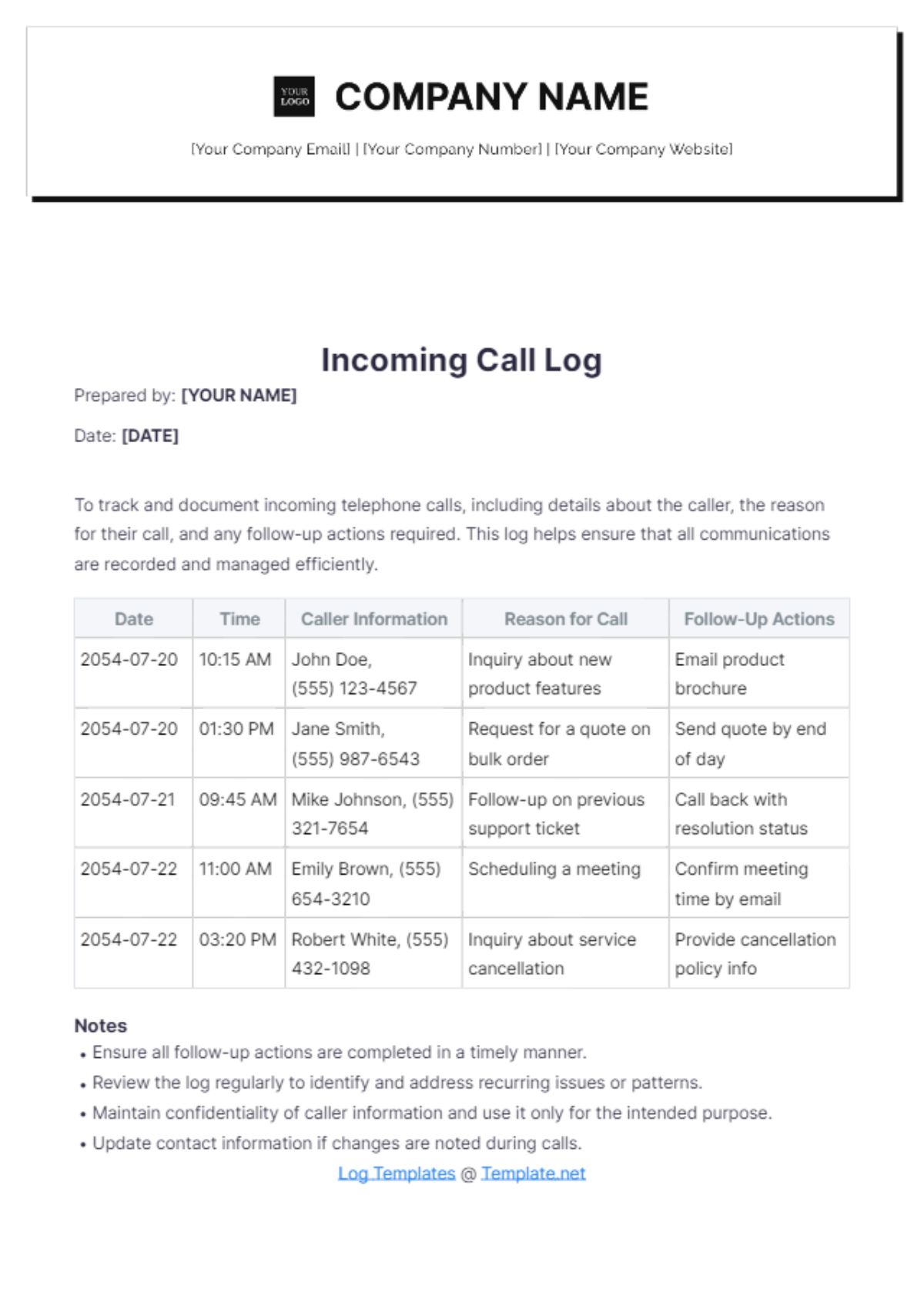 Free Incoming Call Log Template - Edit Online & Download | Template.net