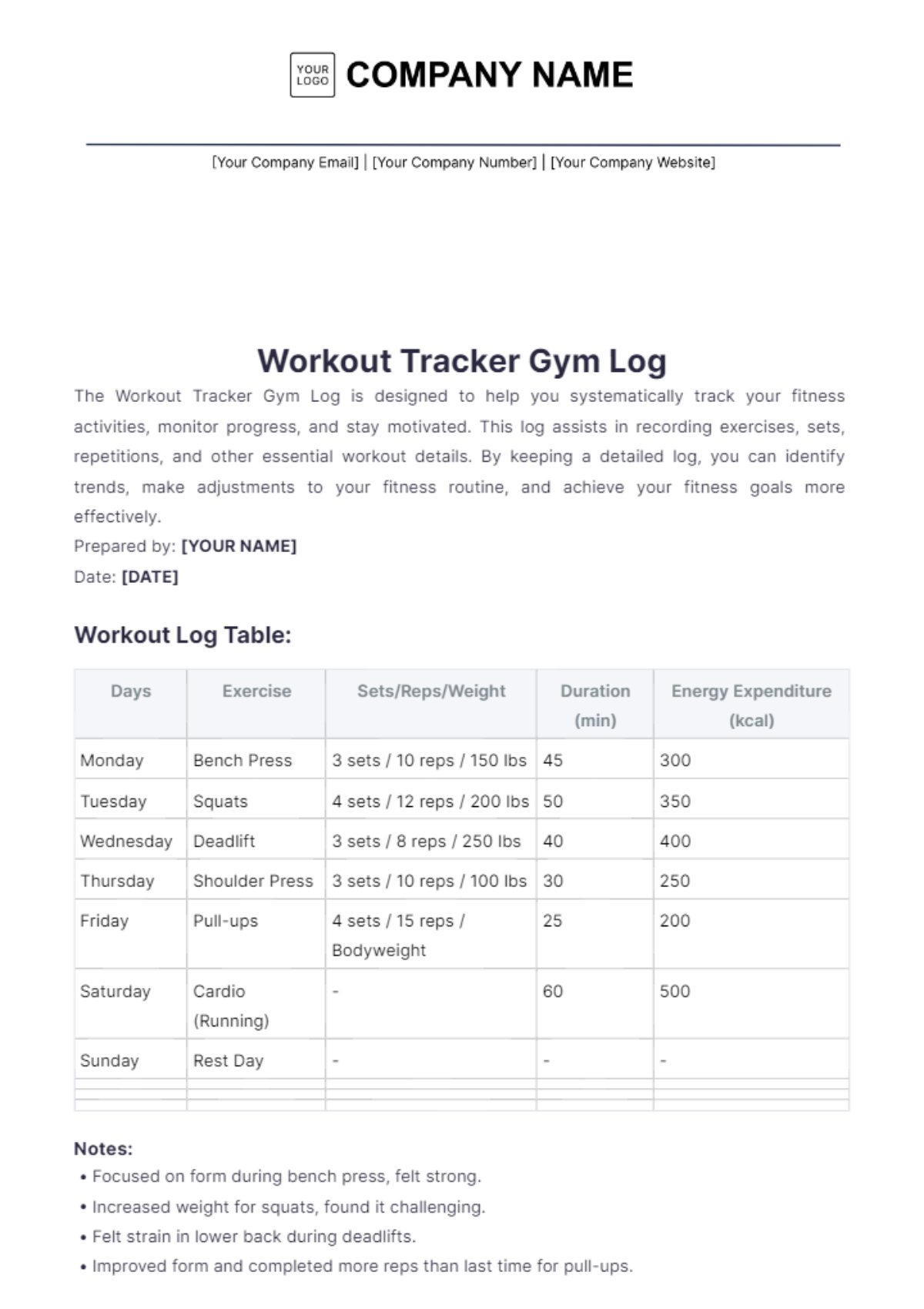 Workout Tracker Gym Log Template - Edit Online & Download