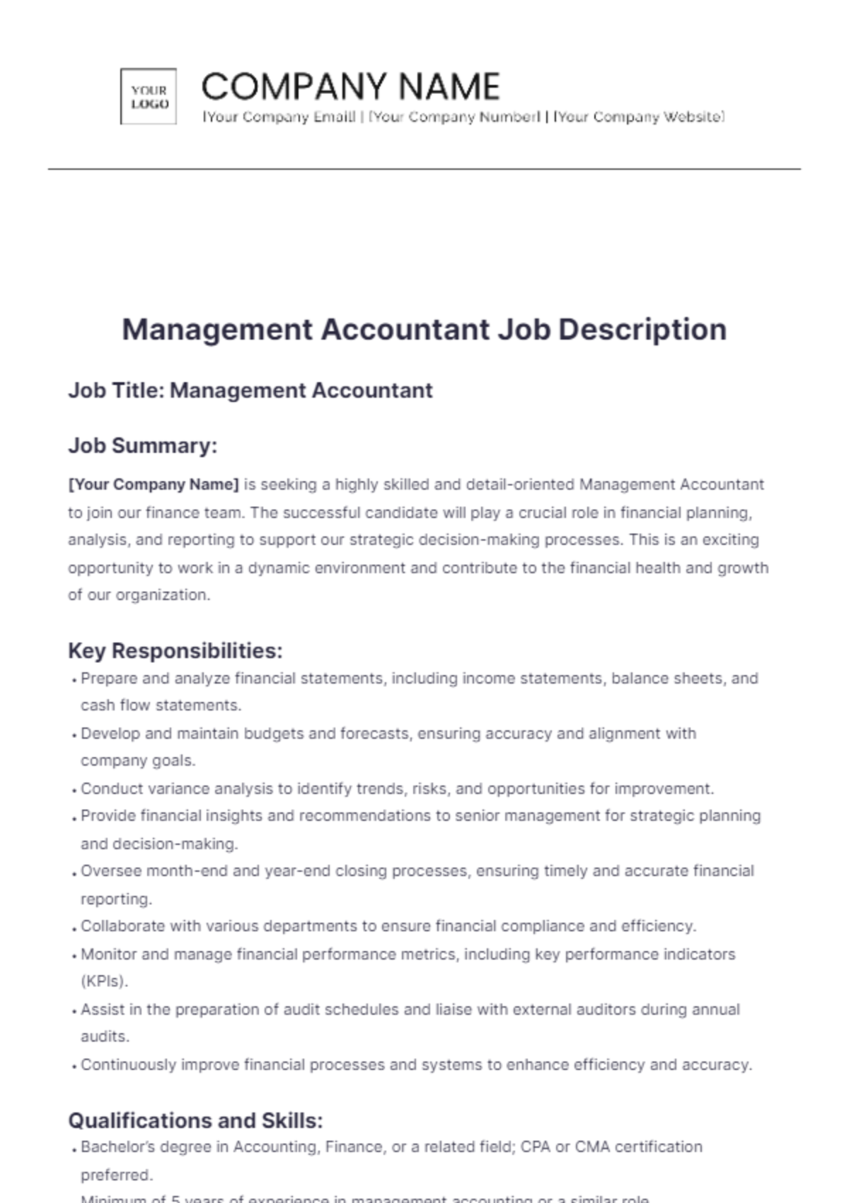 Management Accountant Job Description Template - Edit Online & Download