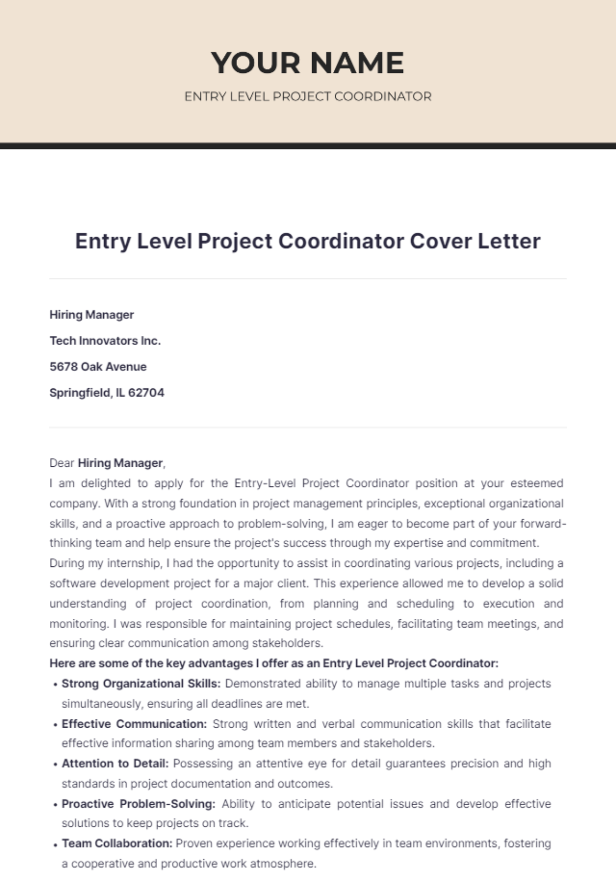 Free Entry Level Project Coordinator Cover Letter Template To Edit Online