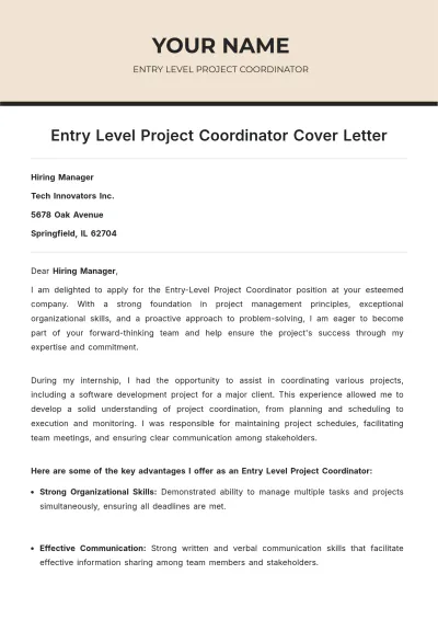 Free Entry Level Project Coordinator Cover Letter to Edit Online