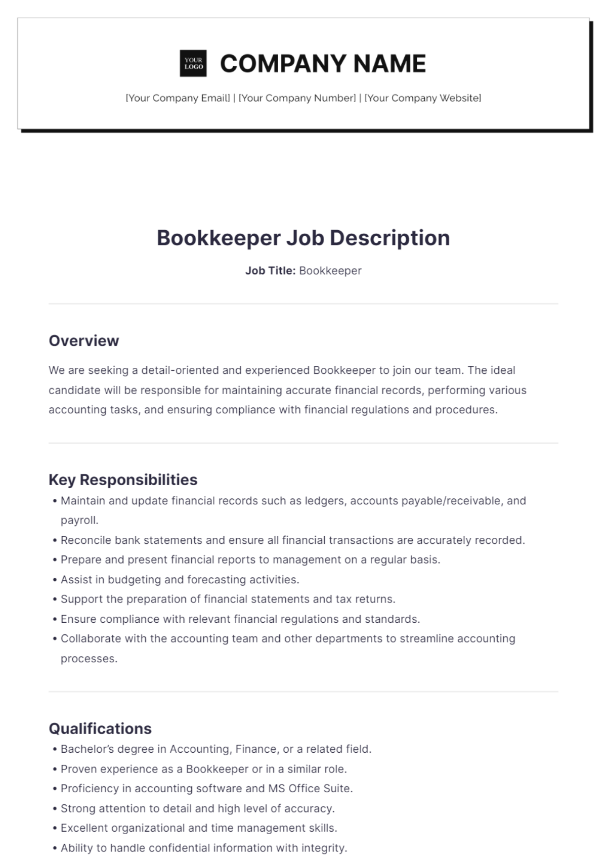 Bookkeeper Job Description Template - Edit Online & Download