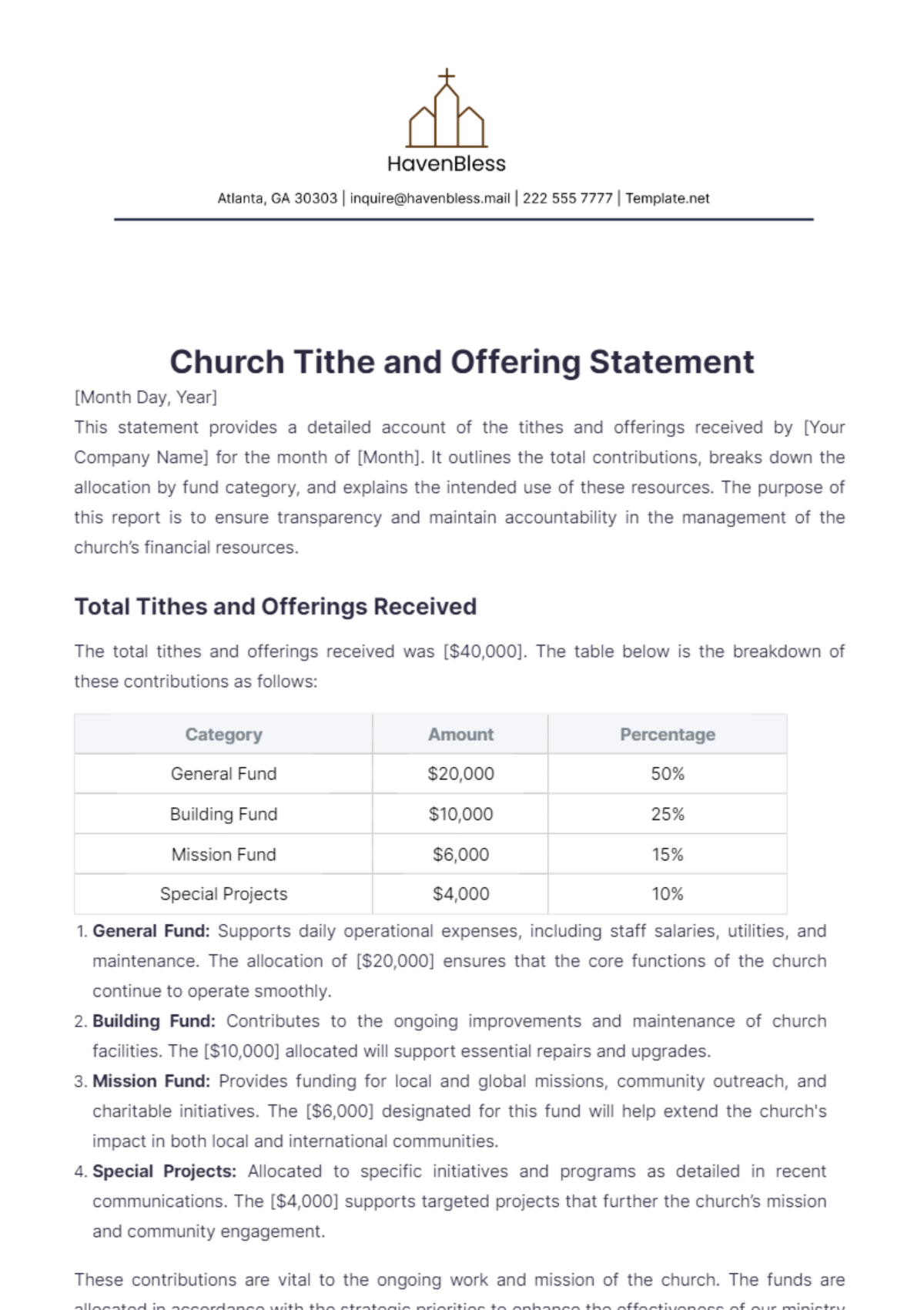 Church Tithe and Offering Statement Template