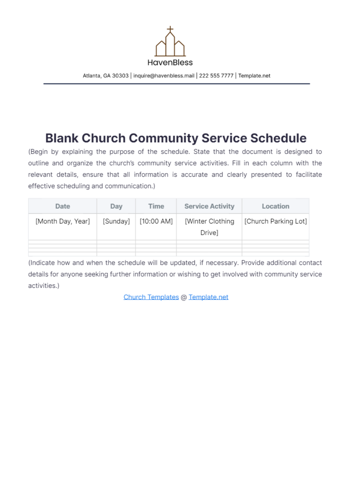 Blank Church Community Service Schedule Template