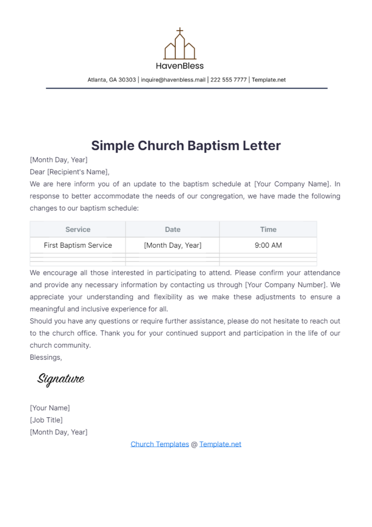 Simple Church Baptism Letter Template