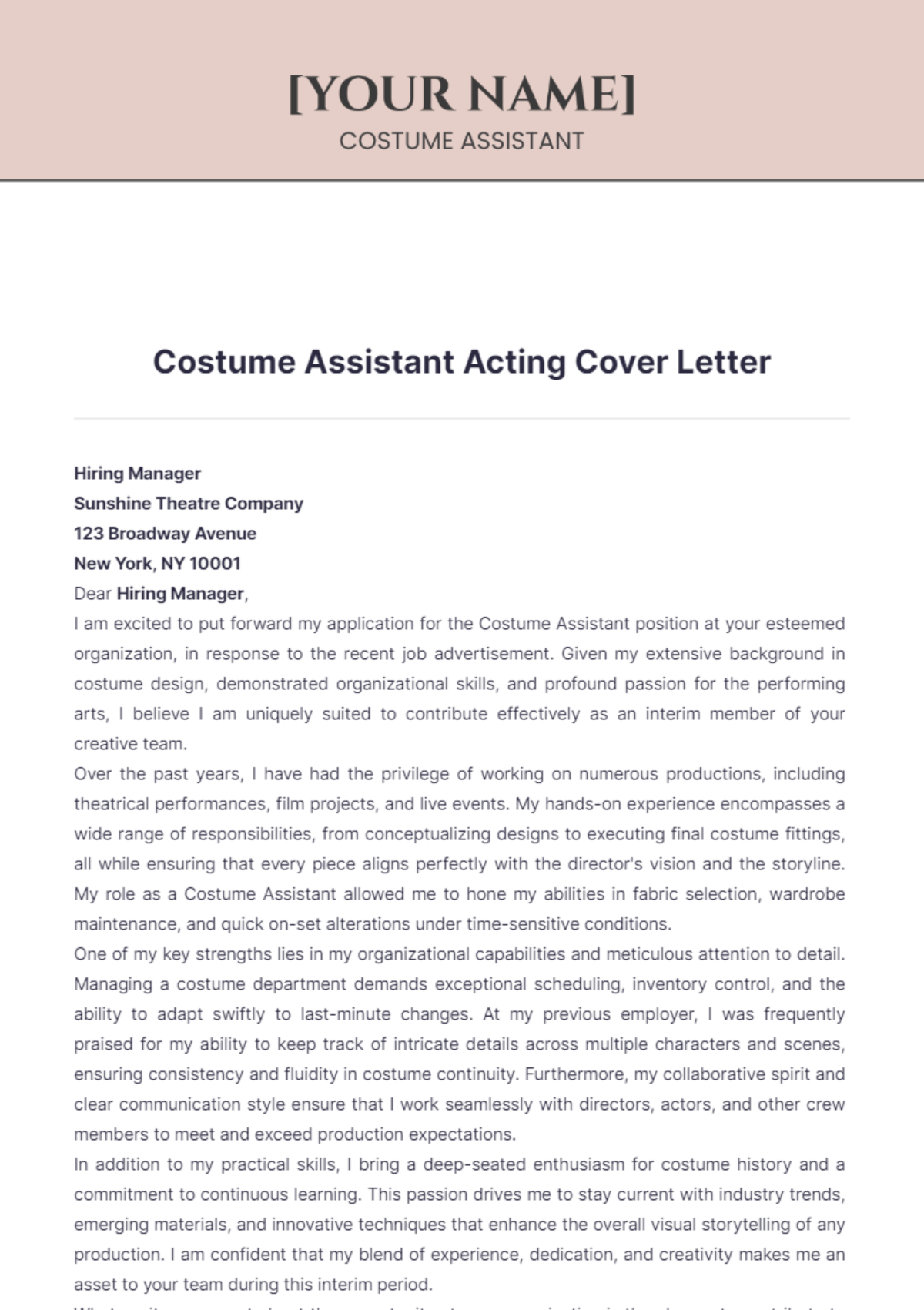 Costume Assistant Acting Cover Letter - Edit Online & Download