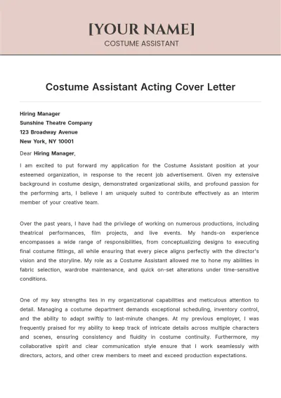 Free Costume Assistant Acting Cover Letter to Edit Online