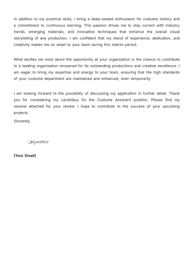 Free Costume Assistant Acting Cover Letter to Edit Online