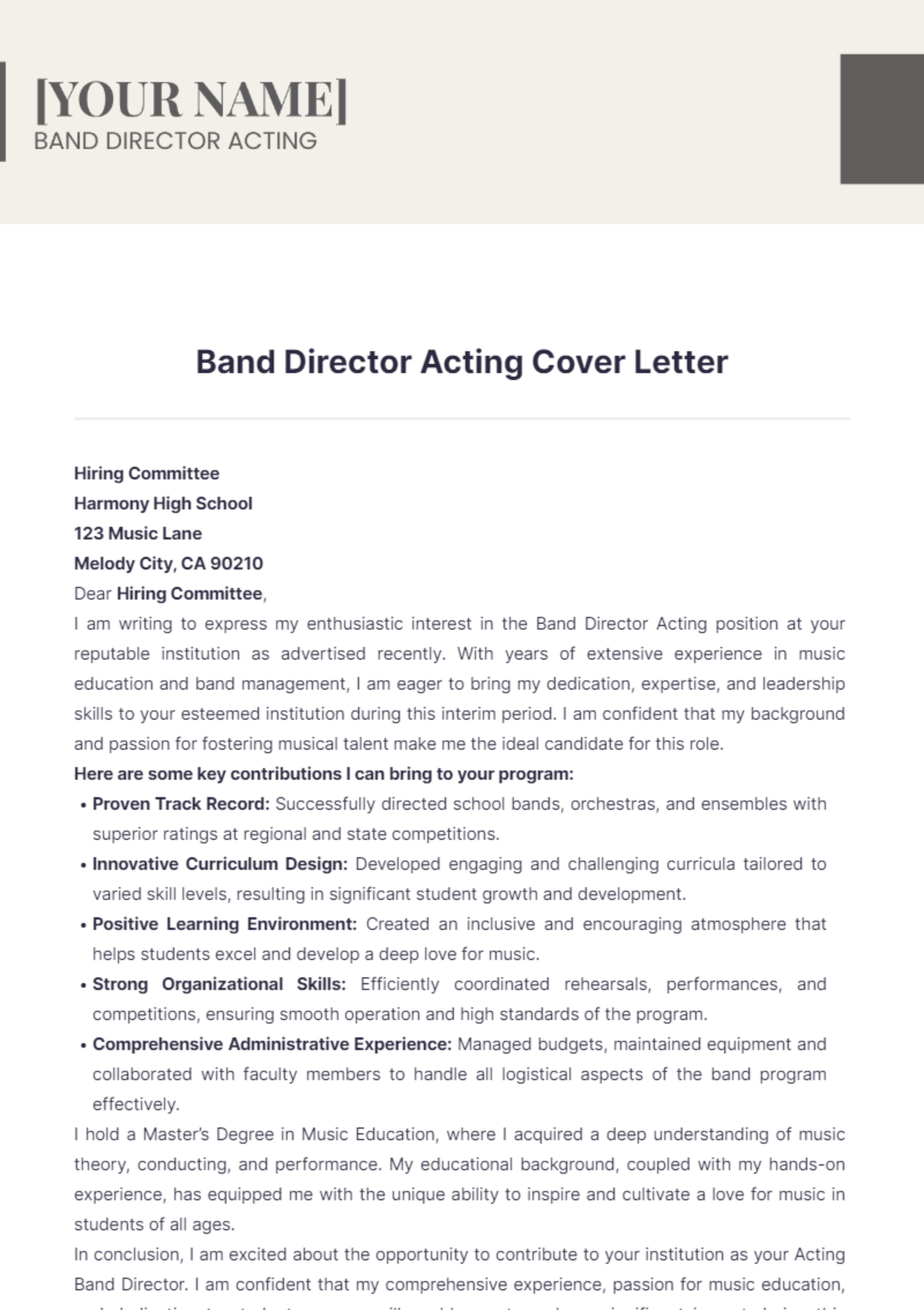 Band Director Acting Cover Letter - Edit Online & Download