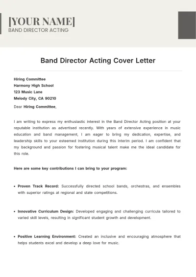 Free Band Director Acting Cover Letter to Edit Online