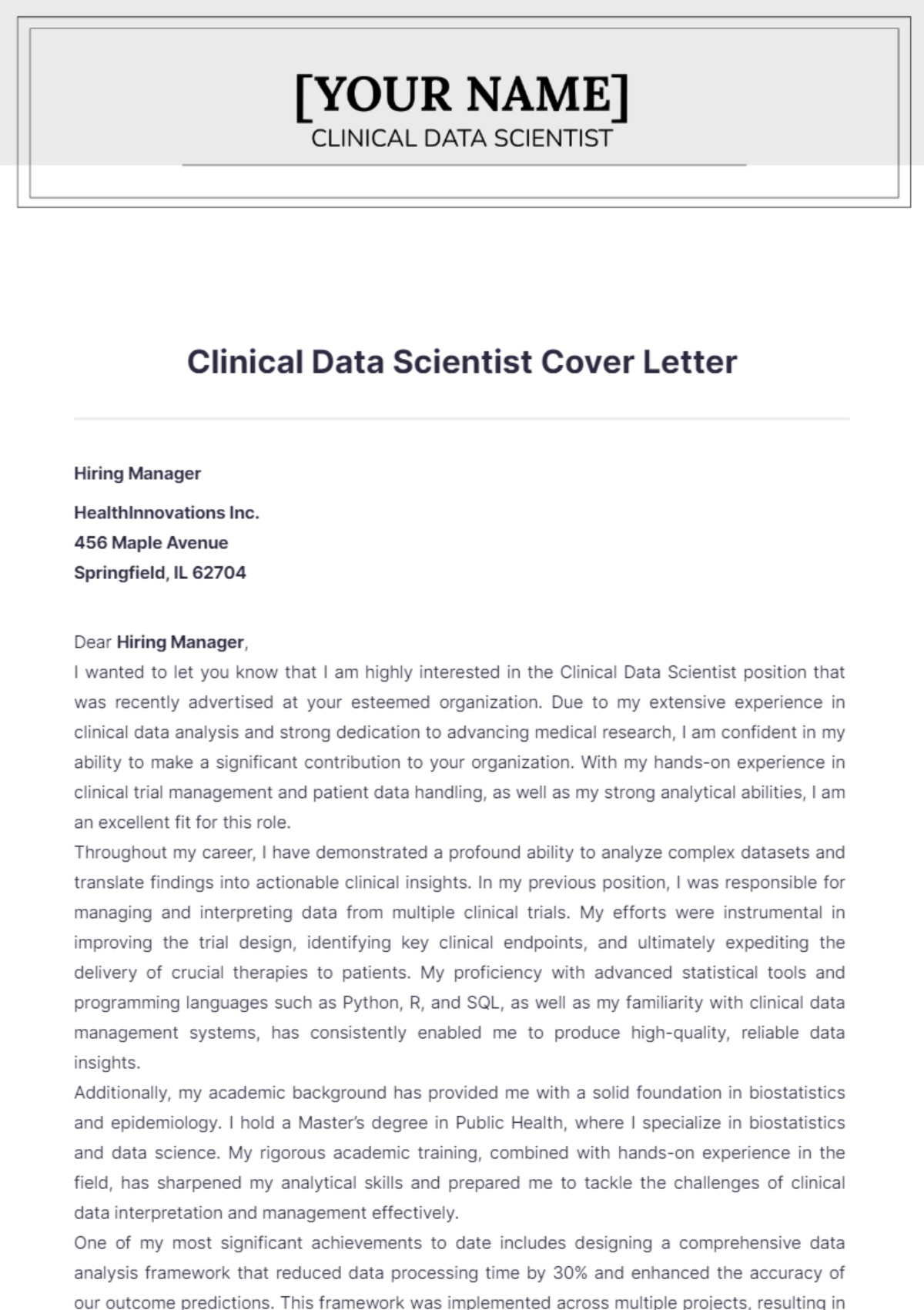 Clinical Data Scientist Cover Letter - Edit Online & Download