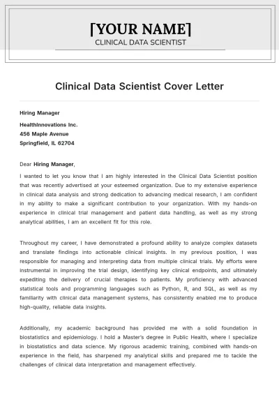 Free Clinical Data Scientist Cover Letter to Edit Online