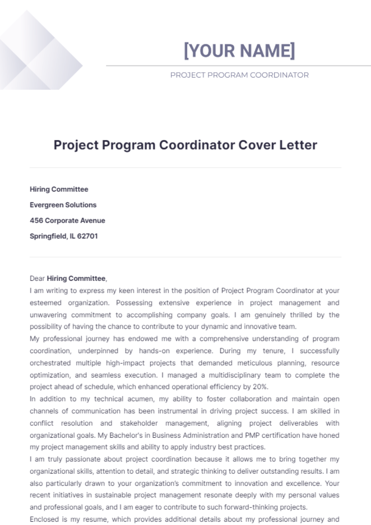 Project Program Coordinator Cover Letter - Edit Online & Download