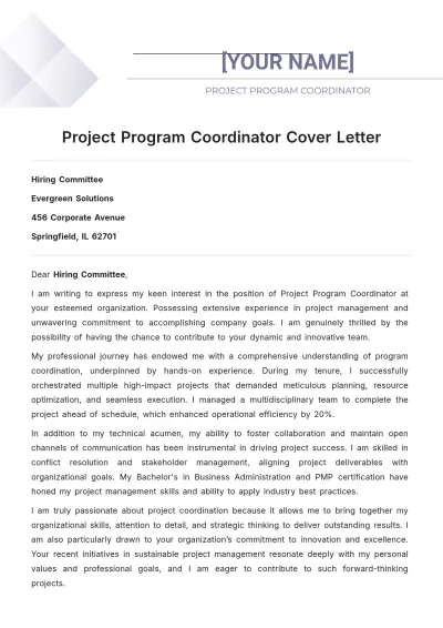 Free Project Program Coordinator Cover Letter to Edit Online