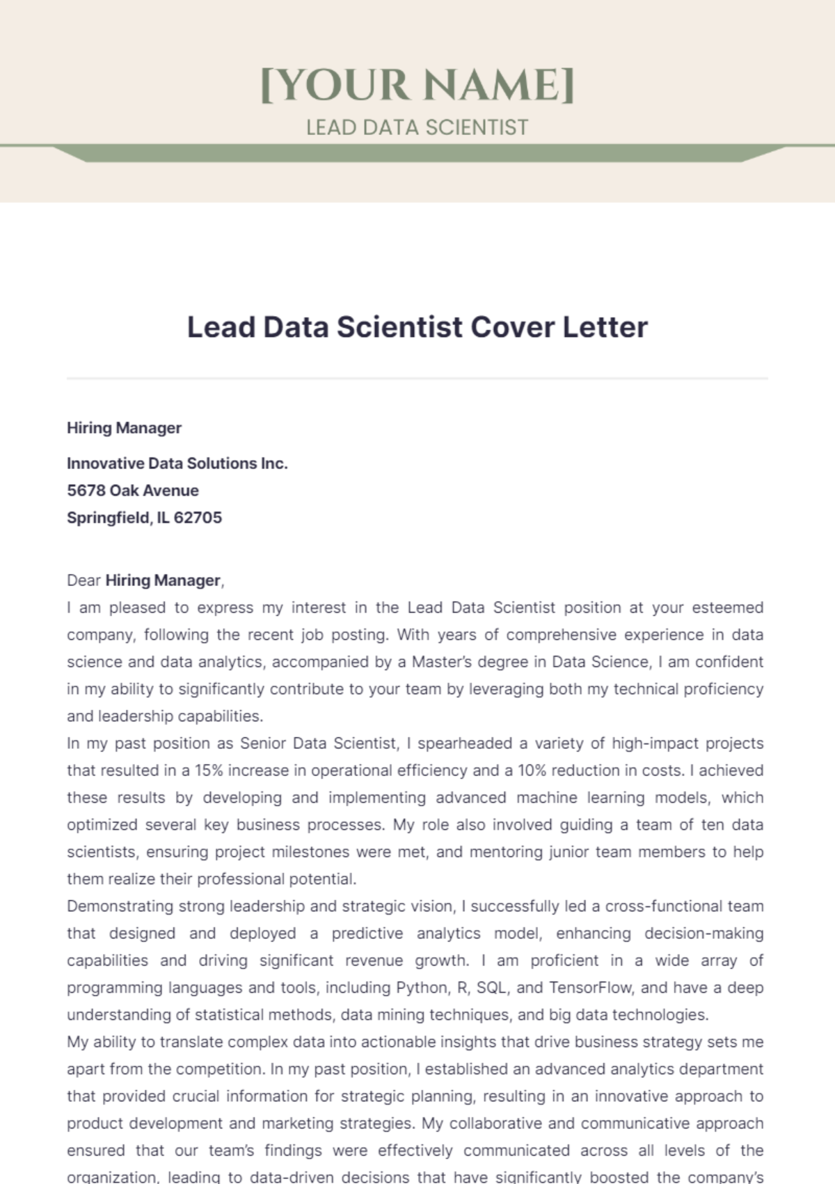 Lead Data Scientist Cover Letter - Edit Online & Download