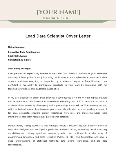 Free Lead Data Scientist Cover Letter to Edit Online