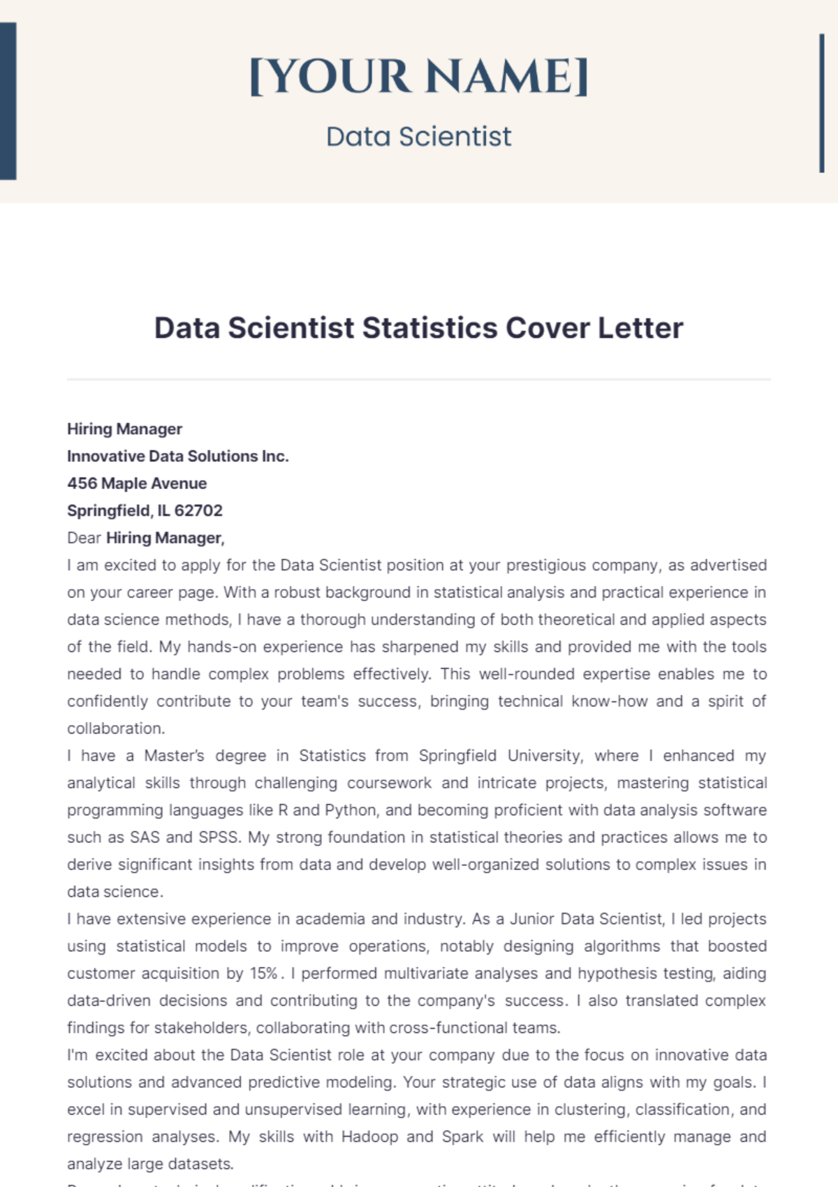 Data Scientist Statistics Cover Letter - Edit Online & Download