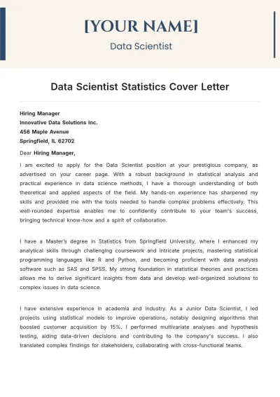 Free Data Scientist Statistics Cover Letter to Edit Online