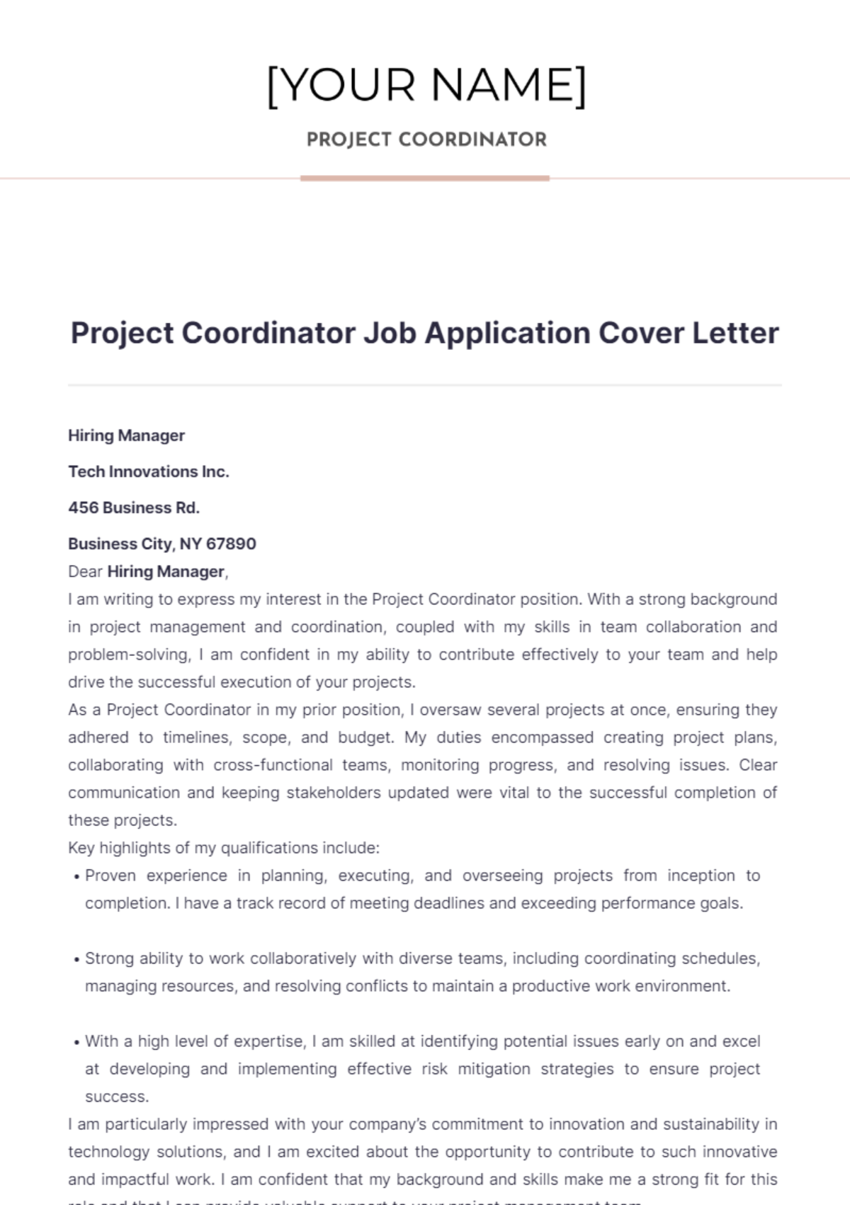 Project Coordinator Job Application Cover Letter - Edit Online & Download