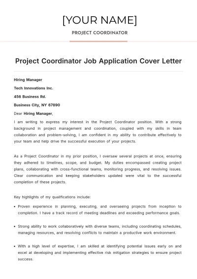 Free Project Coordinator Job Application Cover Letter to Edit Online