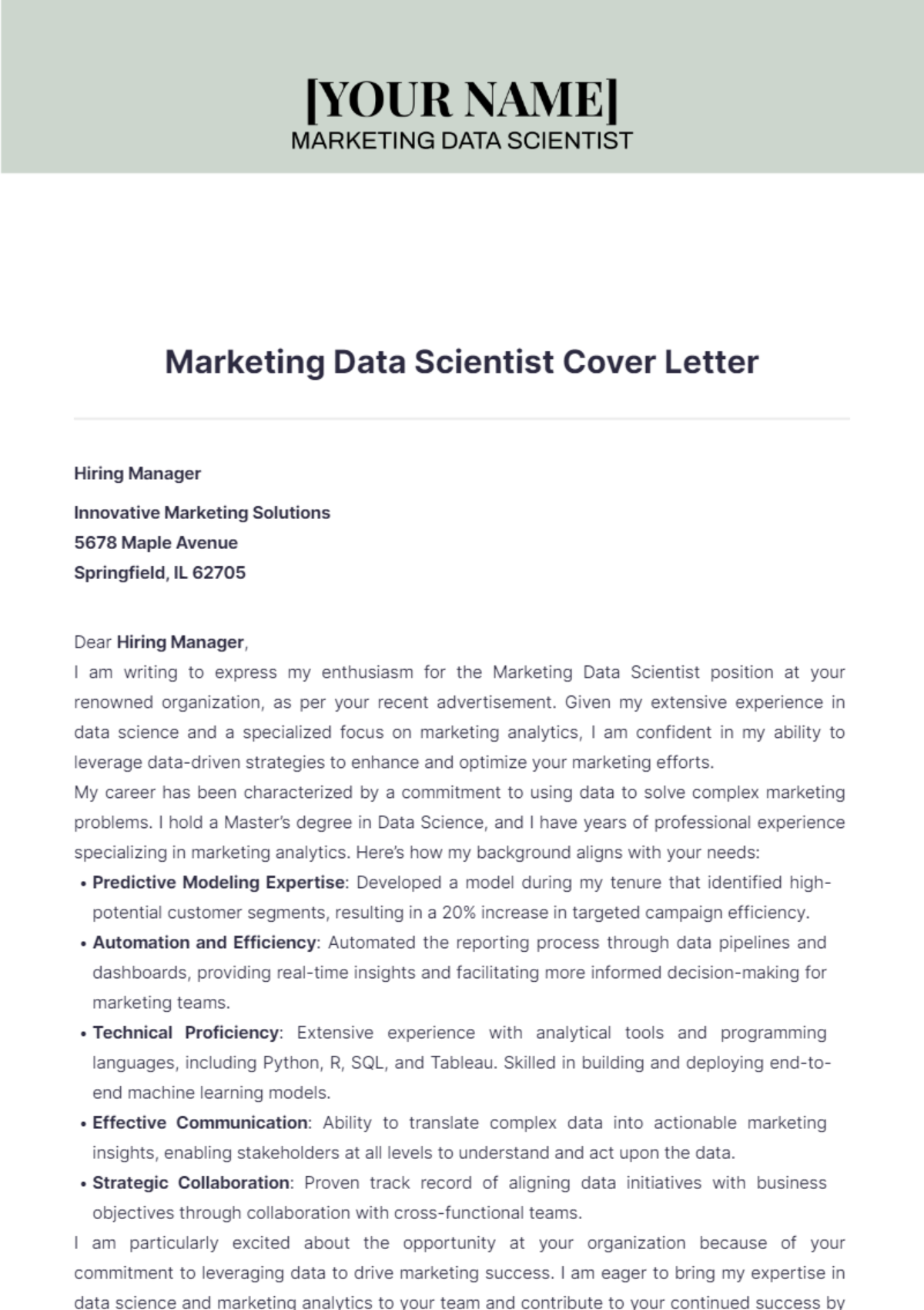 Marketing Data Scientist Cover Letter - Edit Online & Download