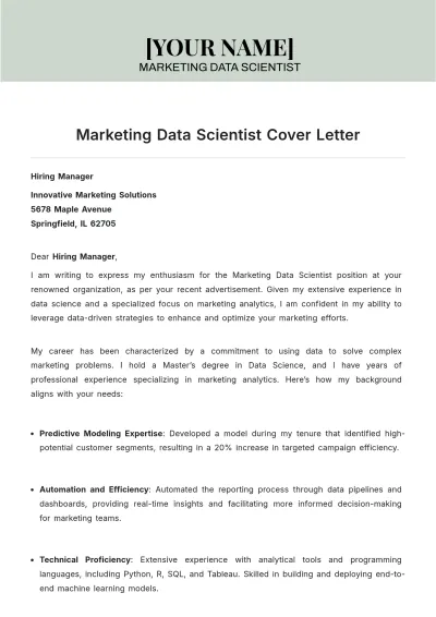 Free Marketing Data Scientist Cover Letter to Edit Online