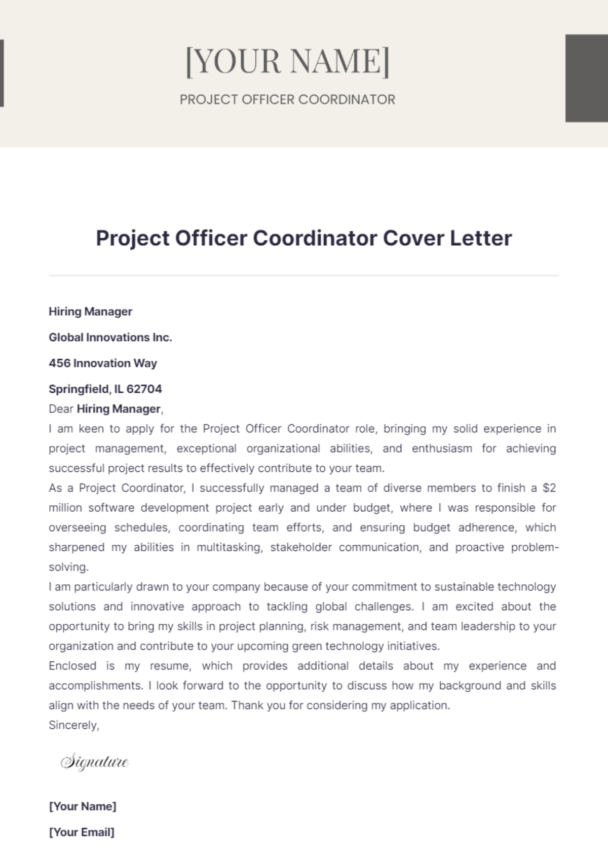 Project Officer Coordinator Cover Letter - Edit Online & Download