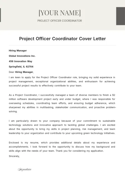Free Project Officer Coordinator Cover Letter to Edit Online