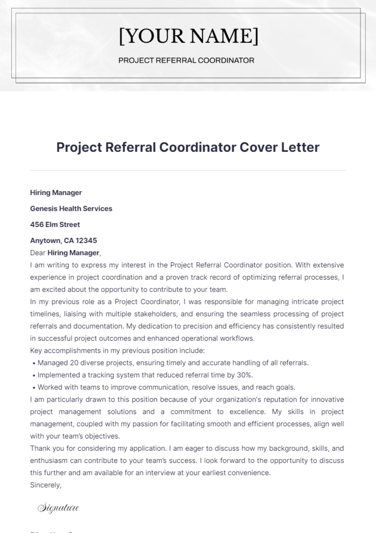 Project Referral Coordinator Cover Letter - Edit Online & Download