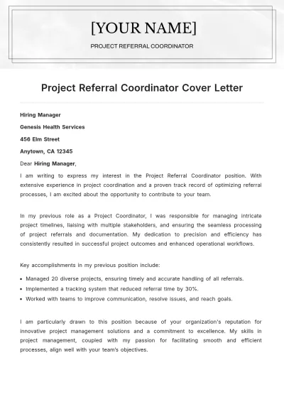 Free Project Referral Coordinator Cover Letter to Edit Online