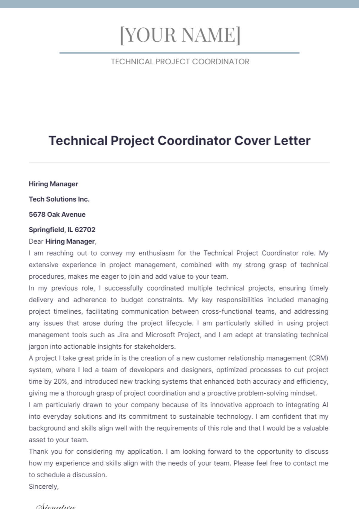 Technical Project Coordinator Cover Letter - Edit Online & Download