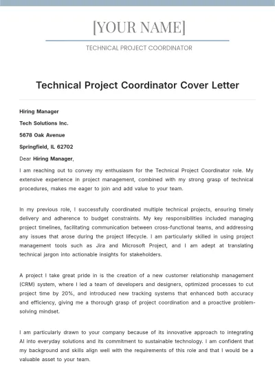 Free Technical Project Coordinator Cover Letter to Edit Online