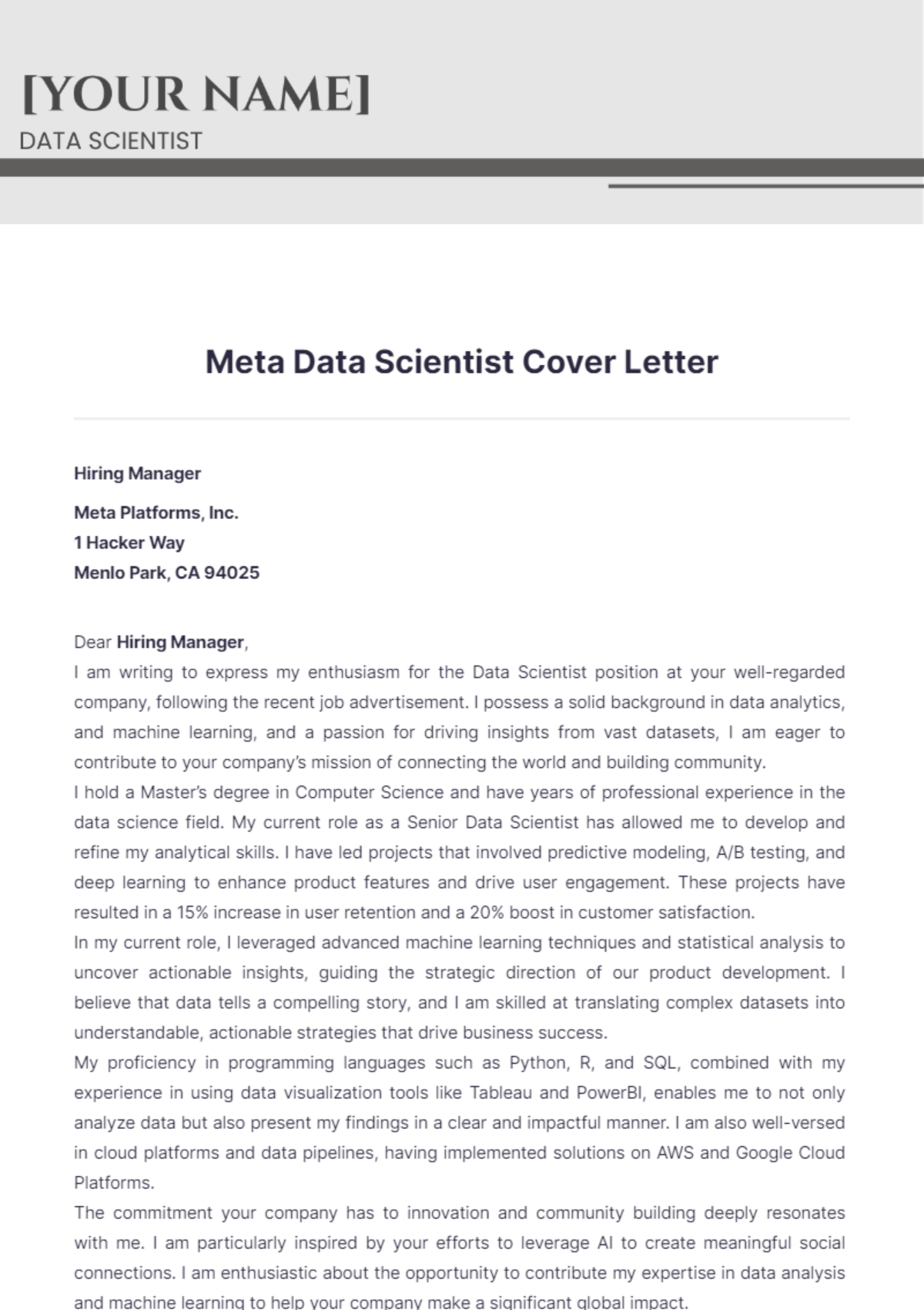 Meta Data Scientist Cover Letter - Edit Online & Download