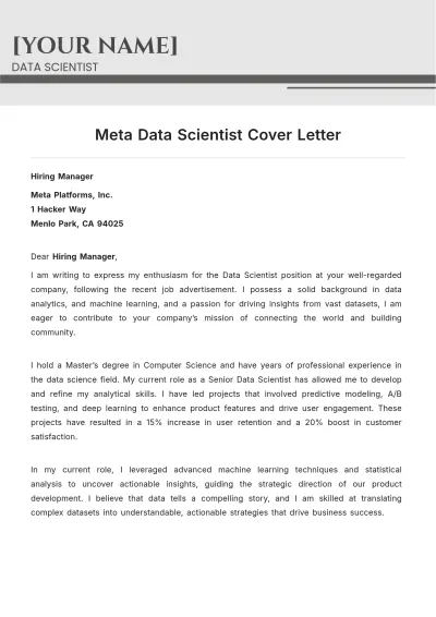 Free Meta Data Scientist Cover Letter to Edit Online