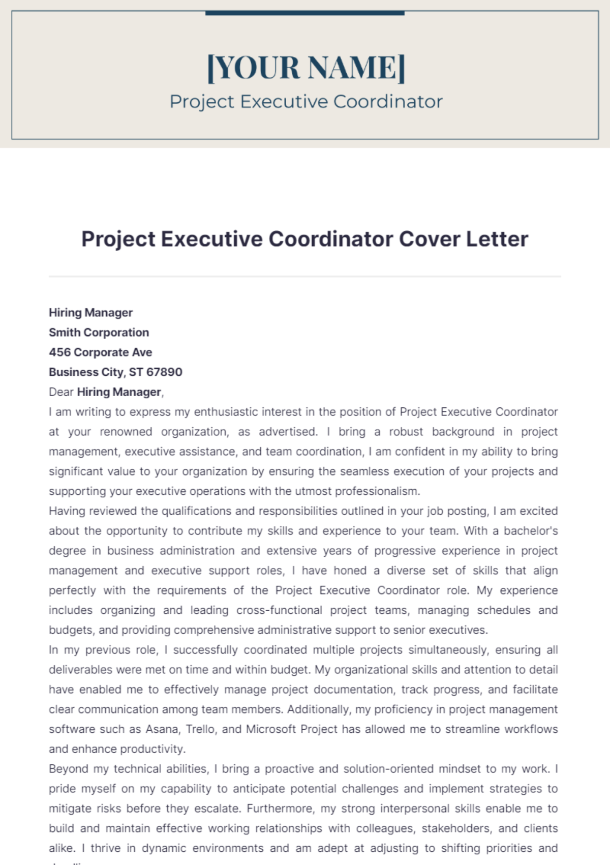 Project Executive Coordinator Cover Letter - Edit Online & Download