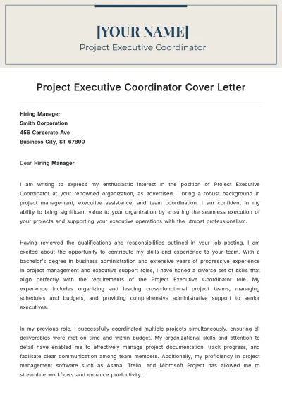 Free Project Executive Coordinator Cover Letter to Edit Online