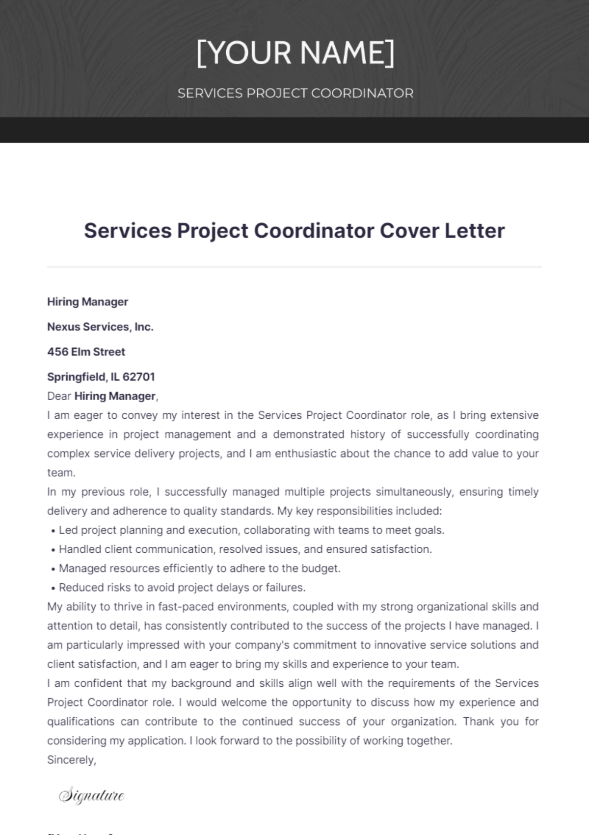 Services Project Coordinator Cover Letter - Edit Online & Download