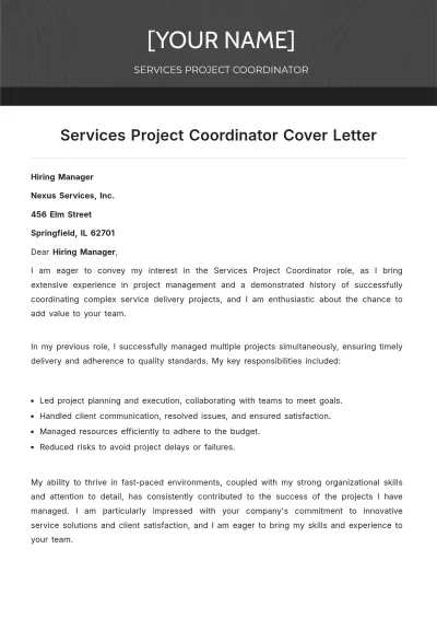 Free Services Project Coordinator Cover Letter to Edit Online