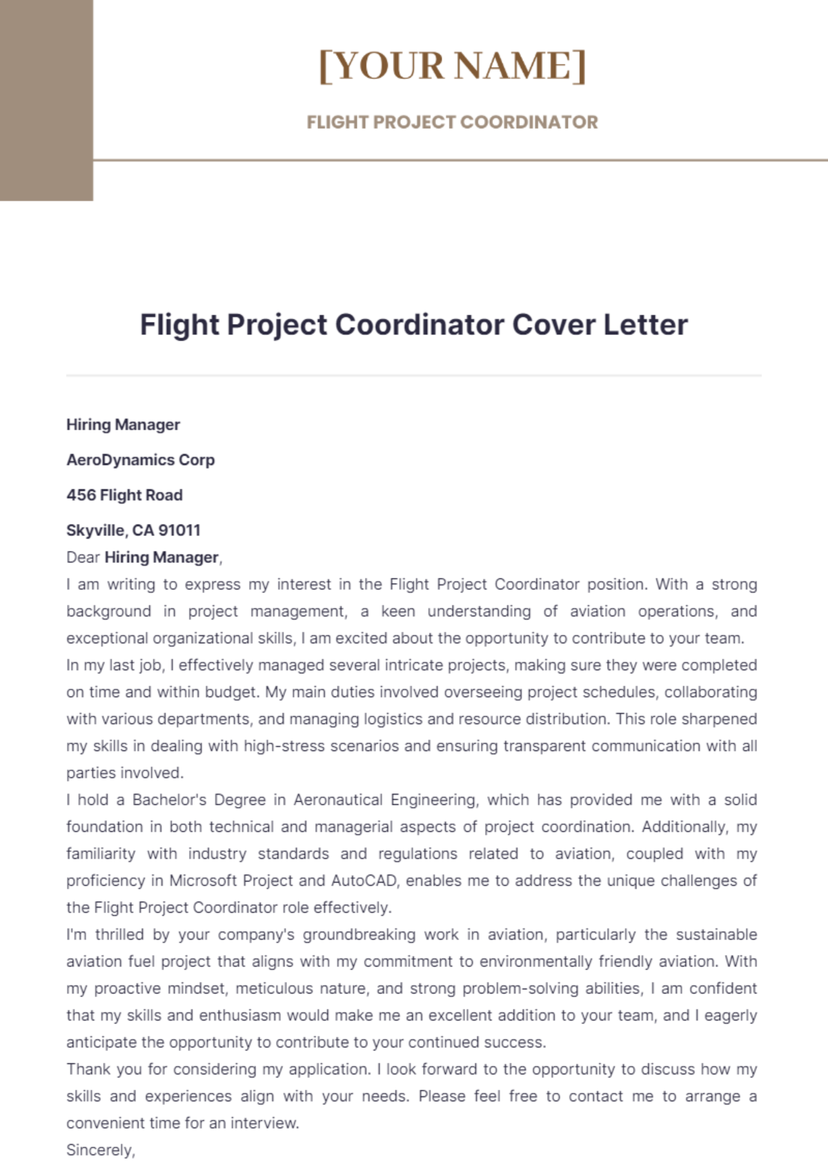 Flight Project Coordinator Cover Letter - Edit Online & Download