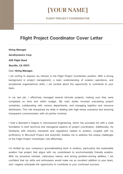 Free Flight Project Coordinator Cover Letter to Edit Online
