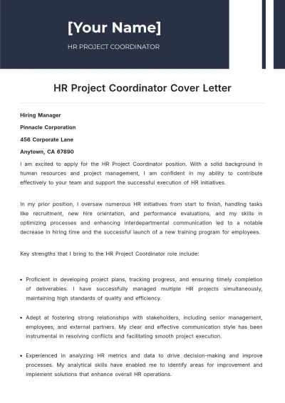 Free HR Project Coordinator Cover Letter to Edit Online