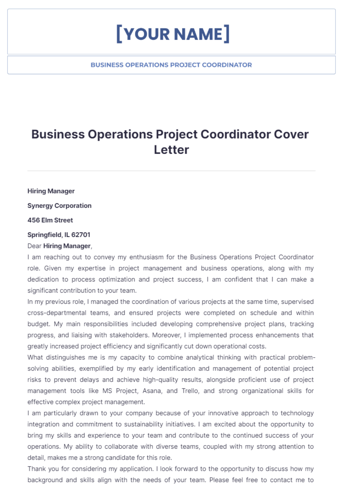 Business Operations Project Coordinator Cover Letter - Edit Online & Download